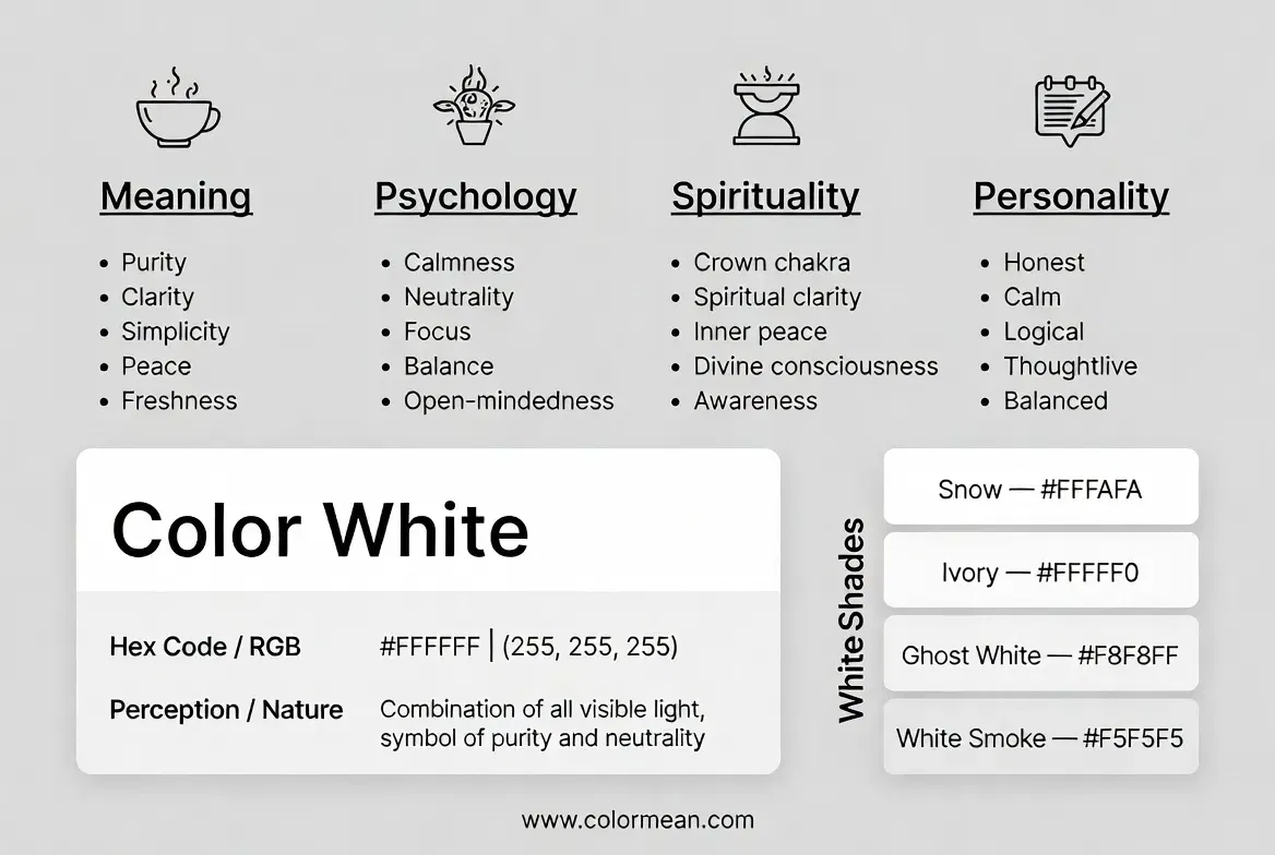 everything about color white from spiritual meaning, symbolism, psychology to technical information (#ffffff)